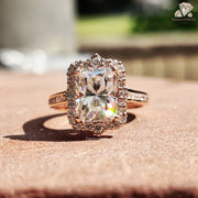 rose gold moissanite halo | dainty moissanite ring | engagement ring with halo
