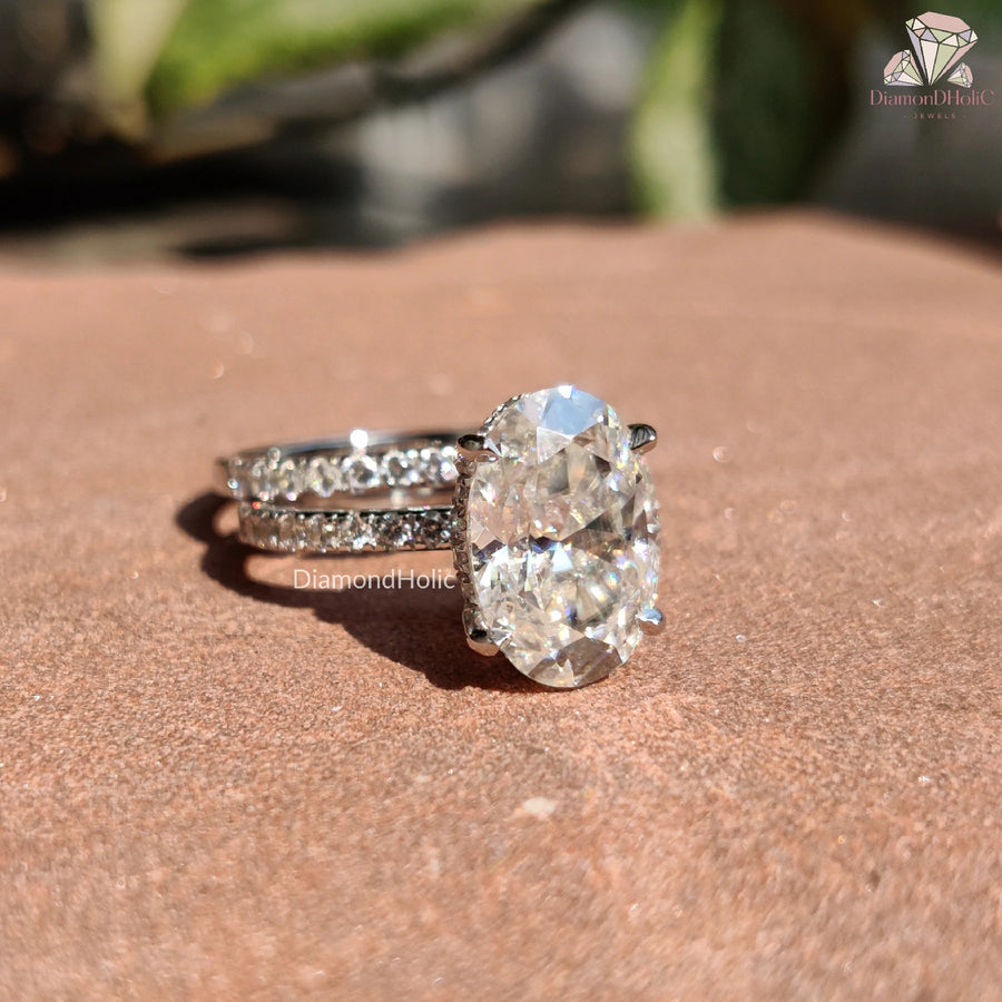 bridal moissanite ring set | white gold ring set | oval solitaire moissanite
