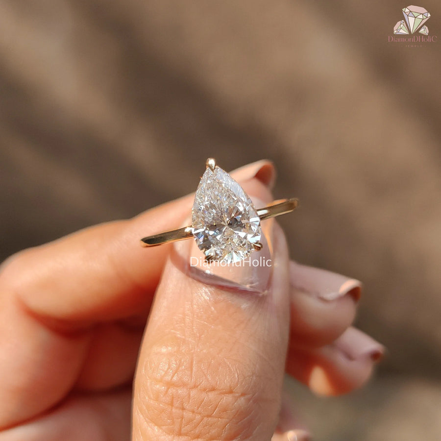 Minimalist Pear Cut Engagement Ring | Affordable Lab Grown Diamond Ring | Unique Simple Engagement Jewelry