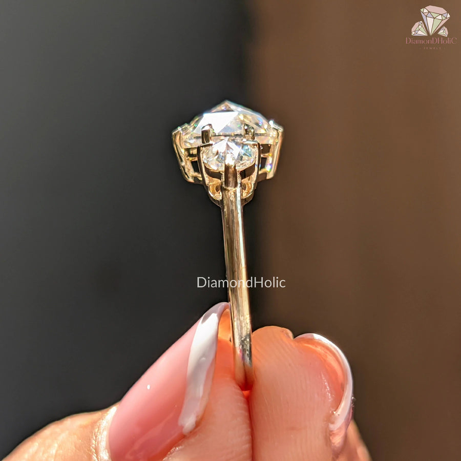 moissanite gold engagement | sustainable wedding ring | moissanite trilogy ring
