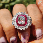 moissanite ruby ring | cushion cut moissanite ring | ruby halo engagement ring
