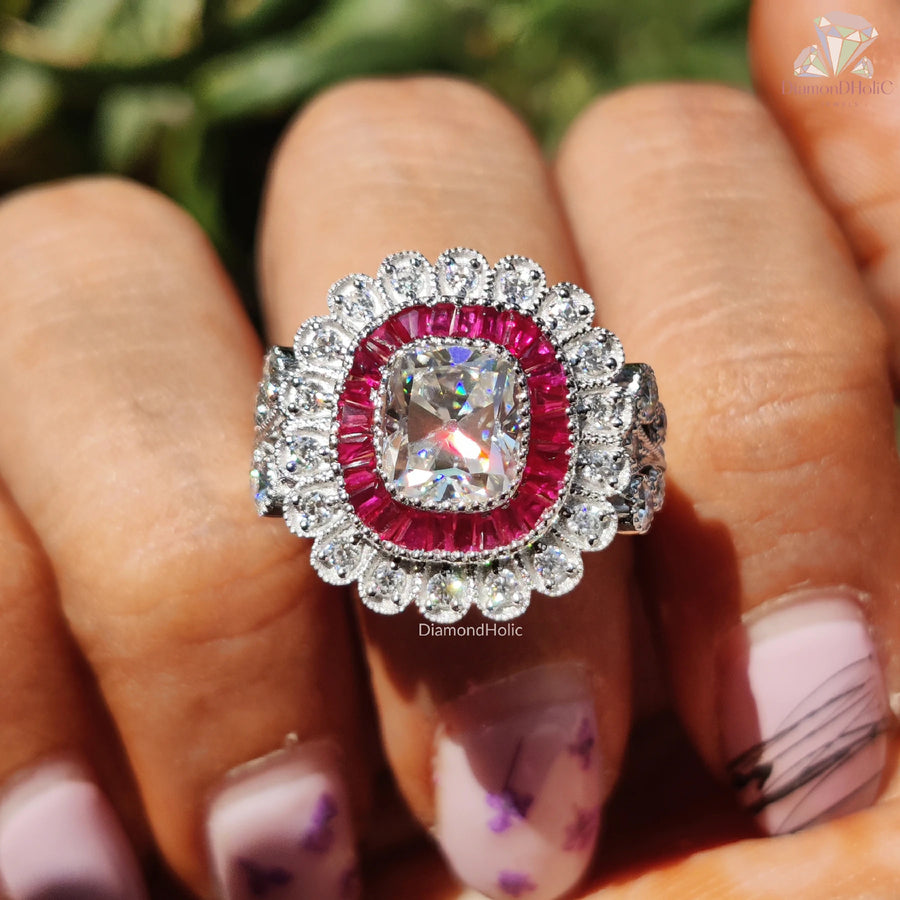 moissanite ruby ring | cushion cut moissanite ring | ruby halo engagement ring
