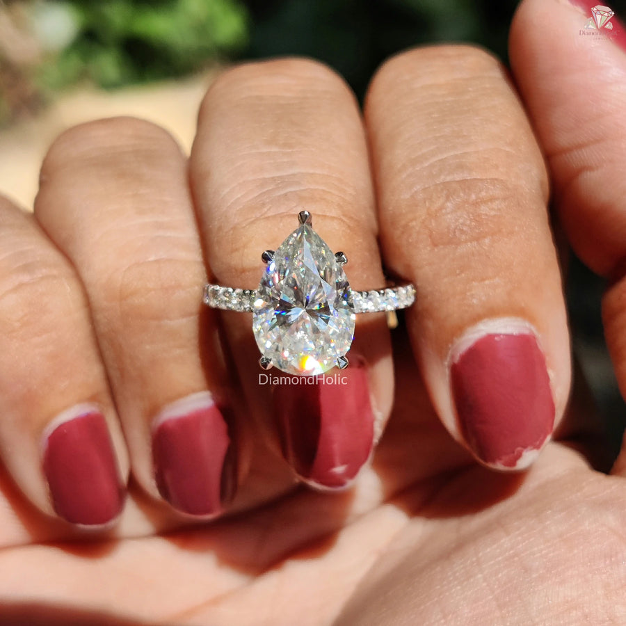 Hidden Halo Moissanite Ring | Pear Shape Diamond Style | Pave Promise Jewelry

