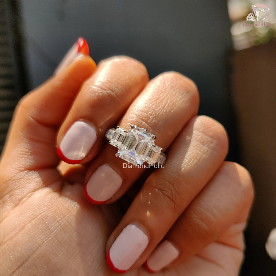 Emerald Cut Moissanite Three Stone Baguette Side Stones with Channel Set  Engagement Ring