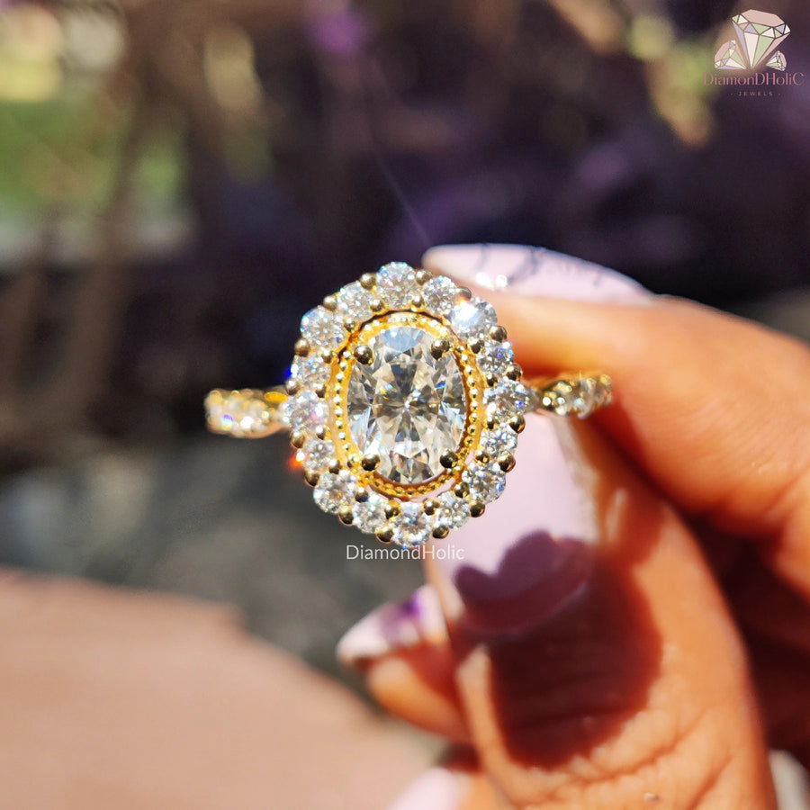 oval moissanite ring | gold flower ring | petal halo ring
