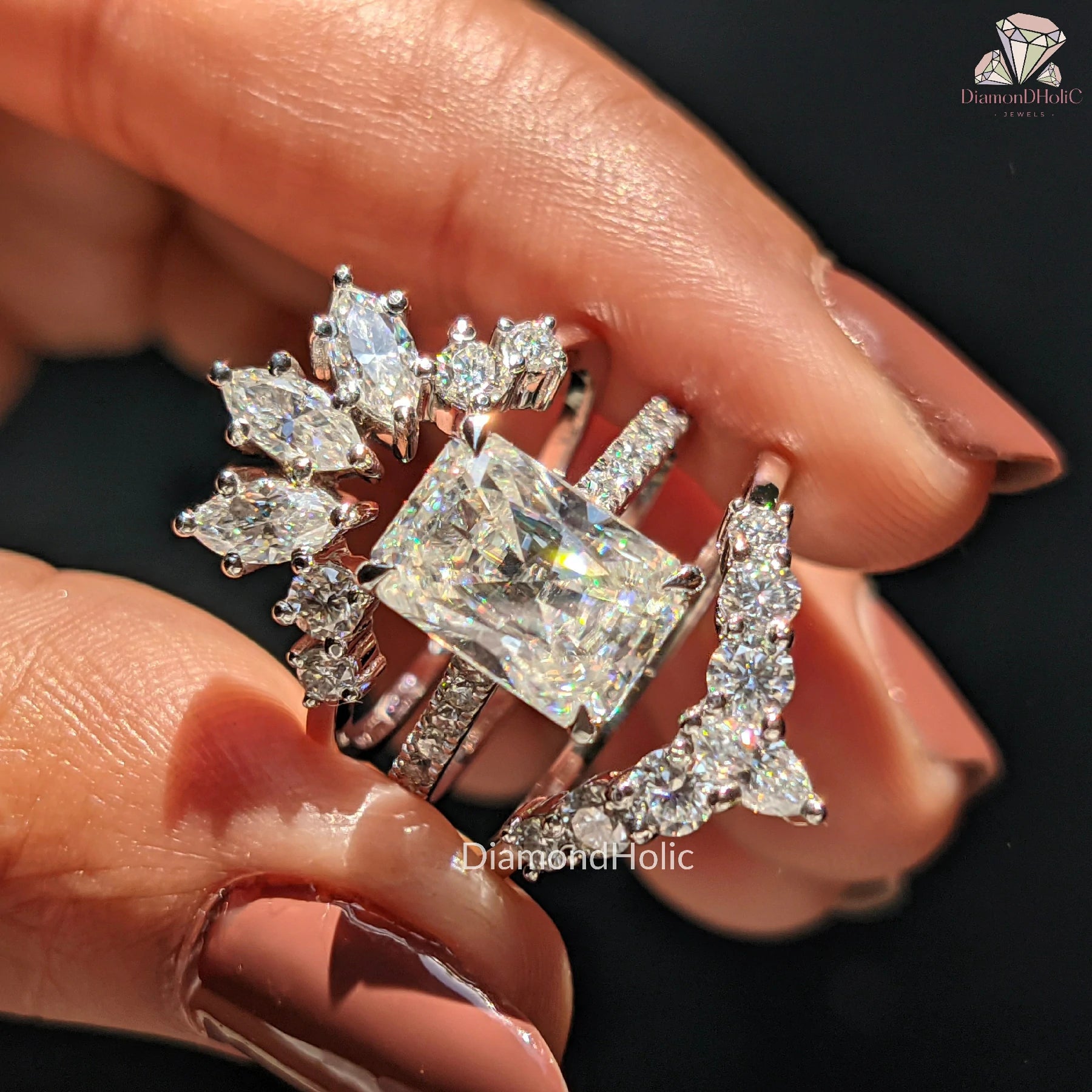 3 piece bridal set | marquise diamond band | white gold ring set
