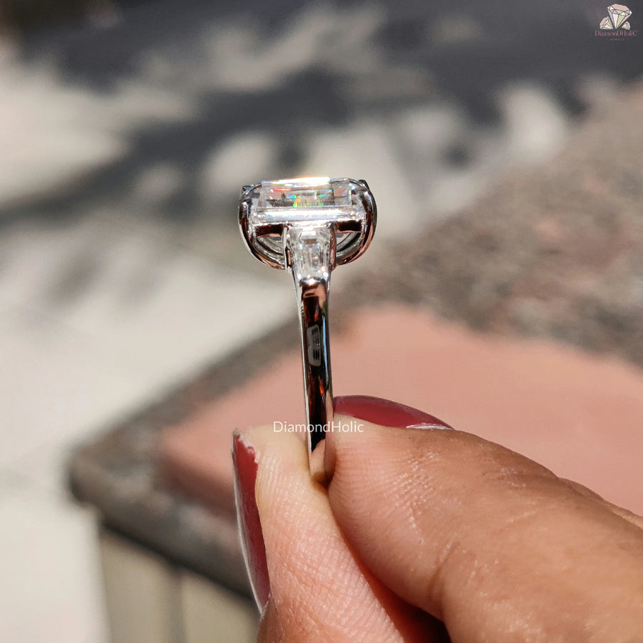 Sparkling Emerald Cut Ring | Tapered Baguette Accent Stones | Moissanite for Her

