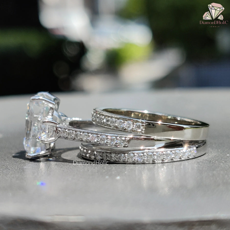 Moissanite Anniversary Ring | Classic Emerald Cut Bridal Set | Unique Three Stone Design 