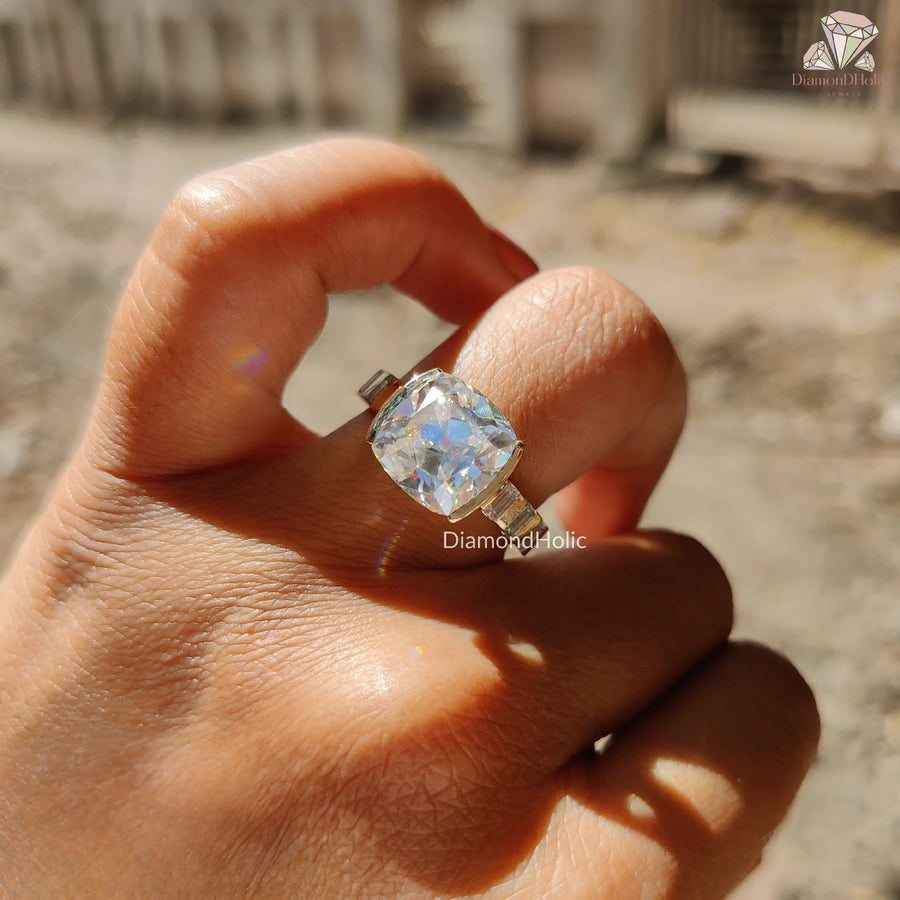 gold baguette ring | cushion old cut ring | moissanite jewelry
