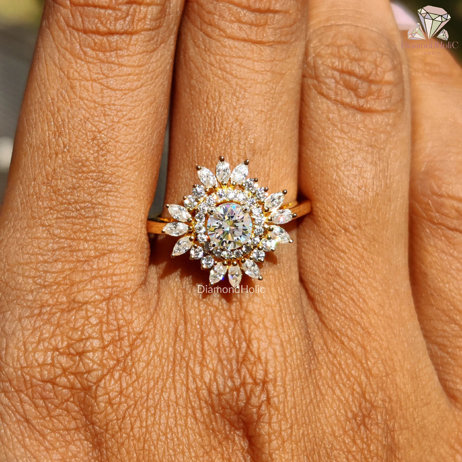 nature-inspired ring | moissanite ring in gold | handmade sunflower ring
