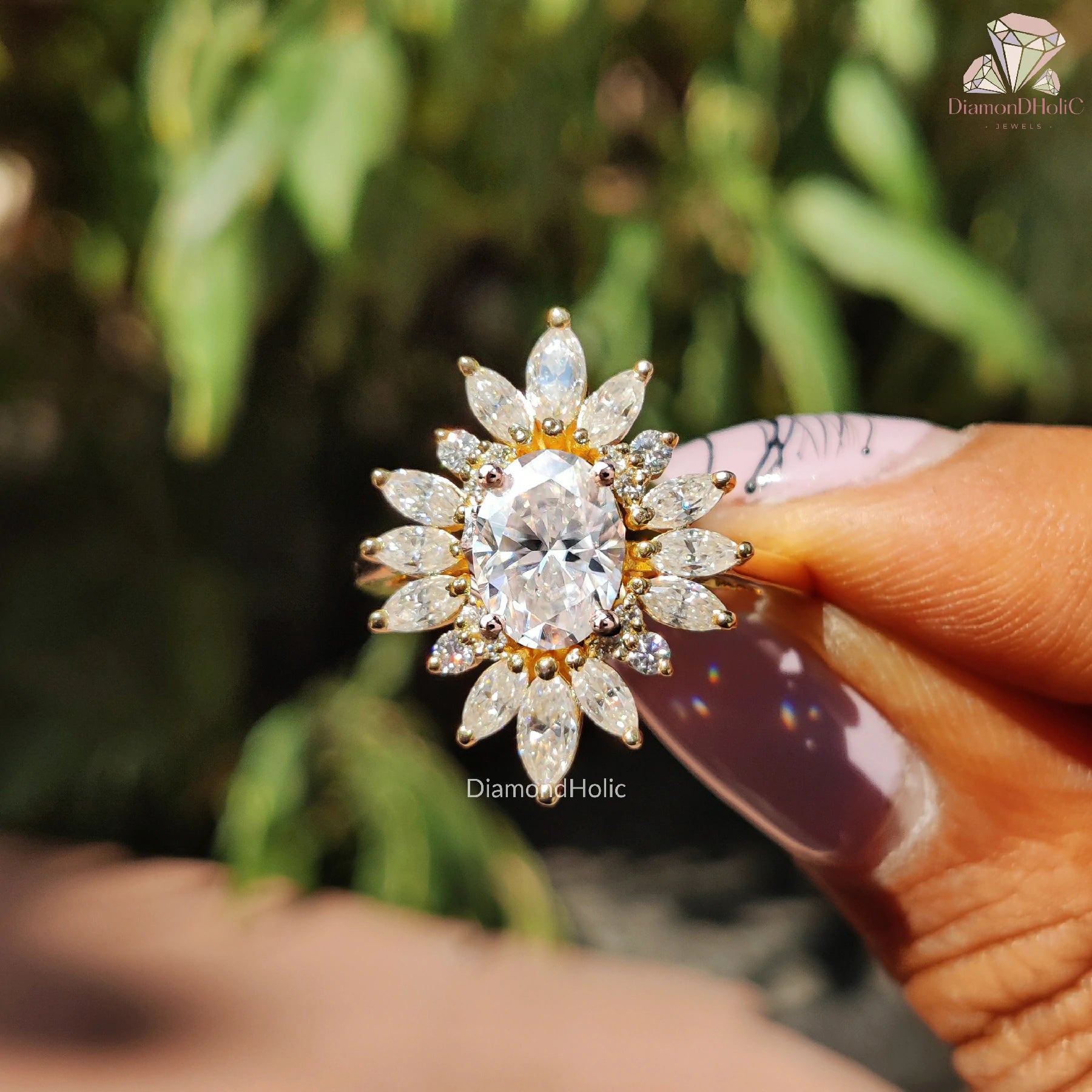 Oval Cut Starburst Halo Moissanite Solitaire Ring – Unique