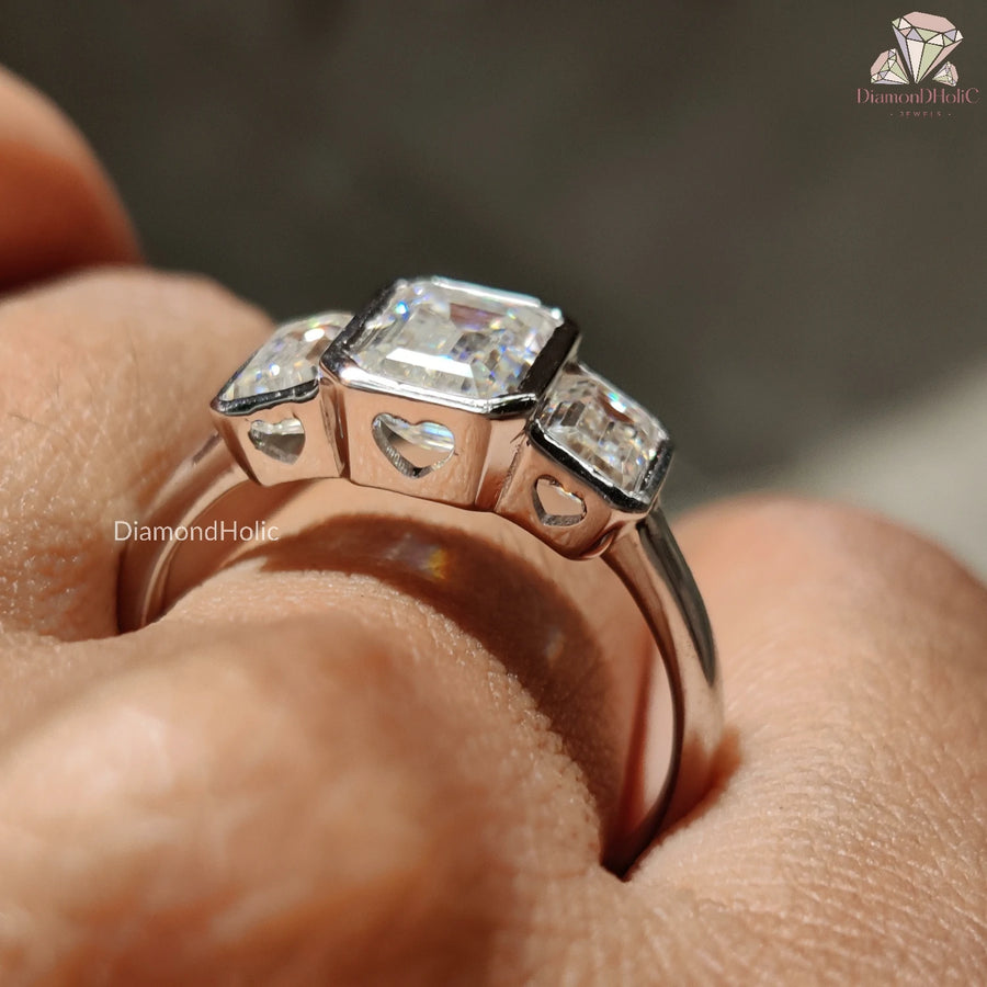 Emerald Cut Moissanite Three Stone Ring - Elegant Bezel Diamond Setting