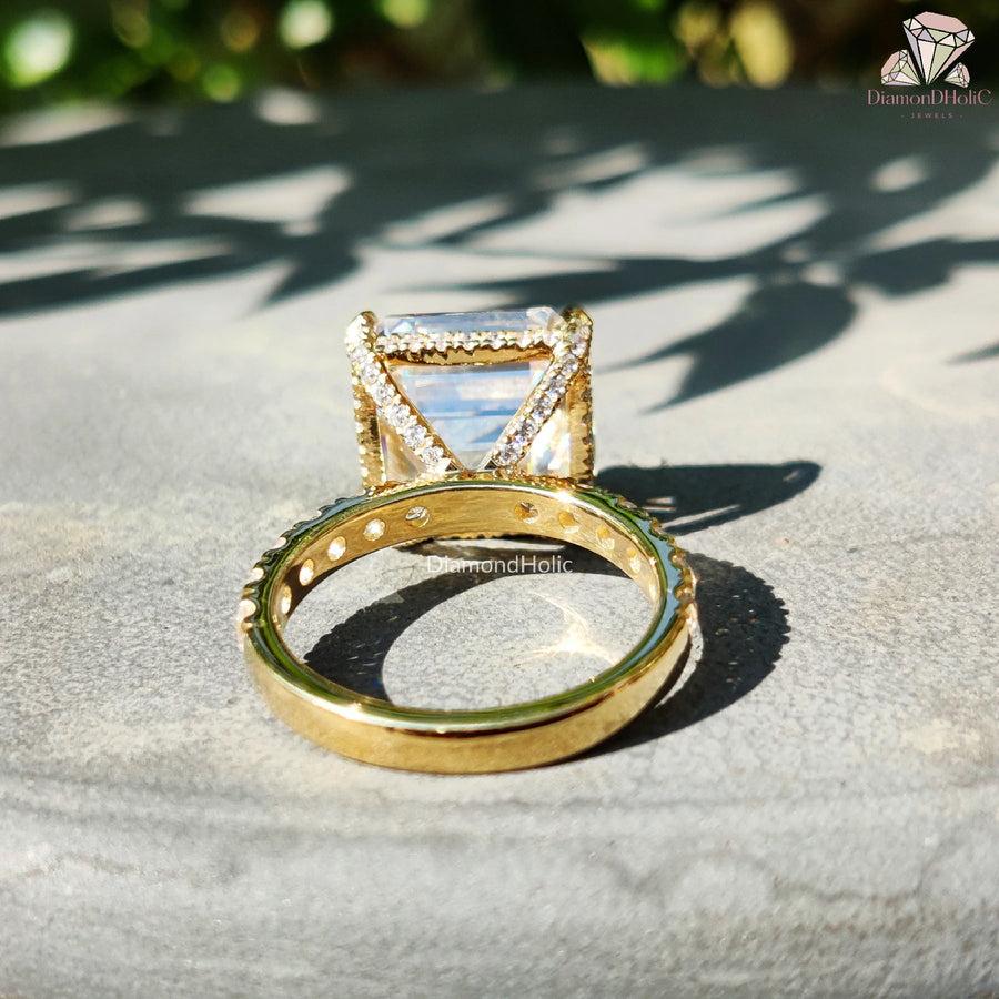 asscher cut gold ring | moissanite pave band | gold engagement ring
