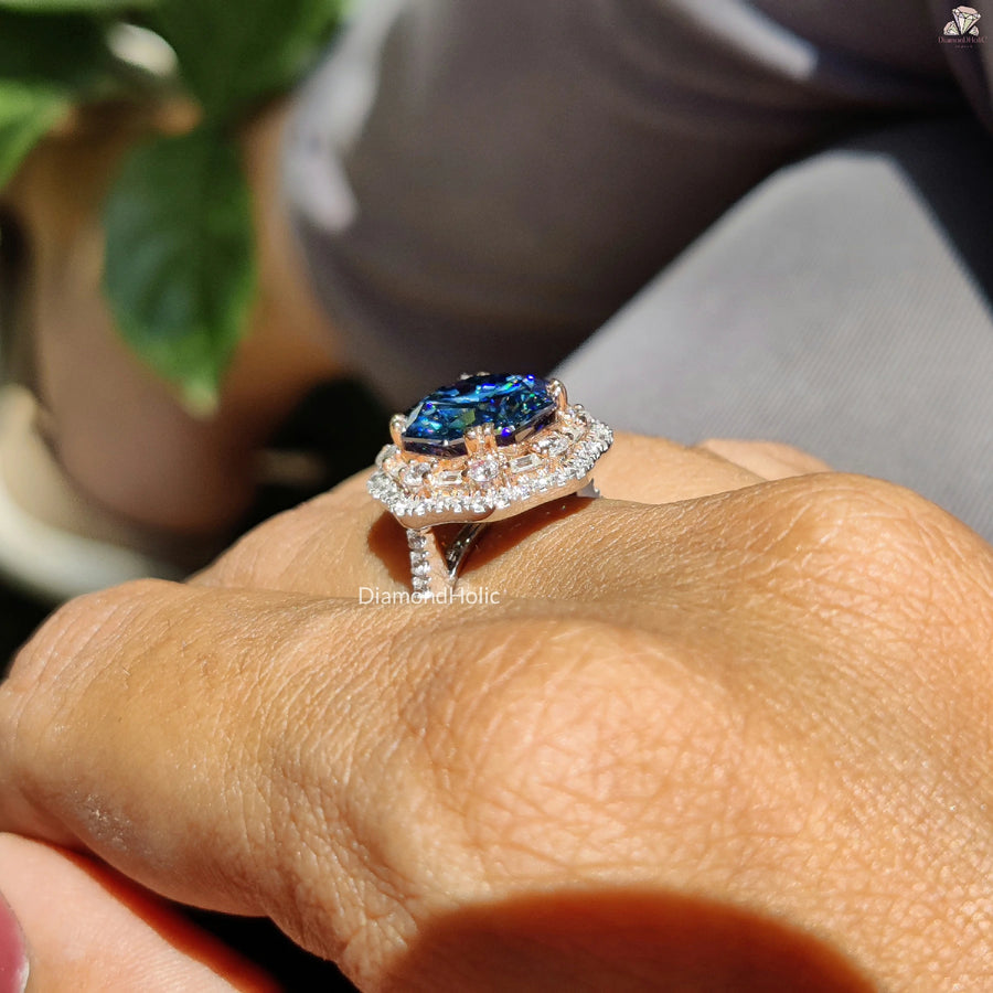 Blue Gemstone Engagement | Octa Halo Setting | 14K Gold Love Ring

