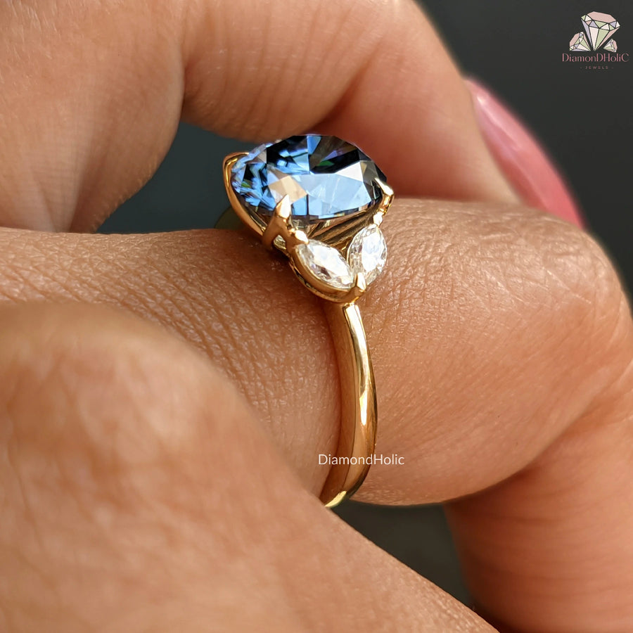 Royal Blue Oval Cut Moissanite Five Stone-Vintage Engagement Ring