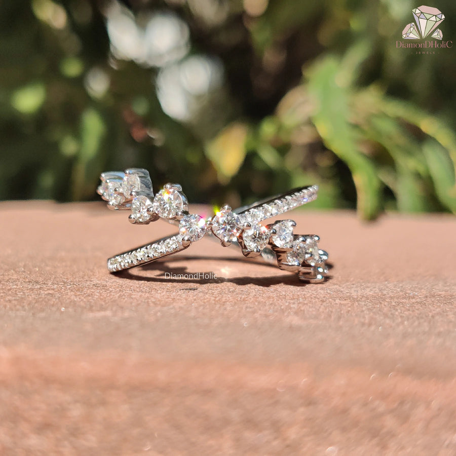 dainty moissanite jewelry | modern moissanite ring | crossover engagement ring

