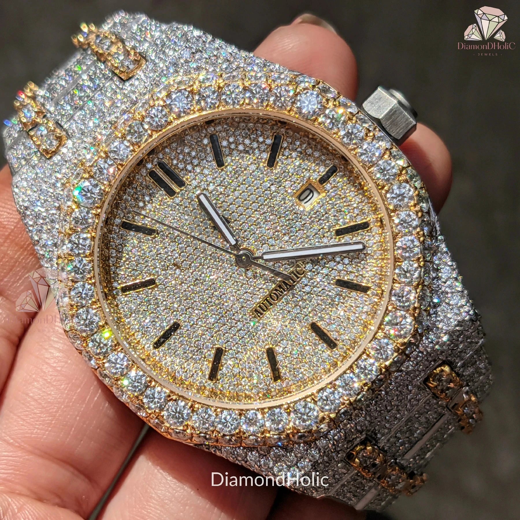 Two-Tone VVS Diamond Watch – Bust Down, Fully Iced Out Design
