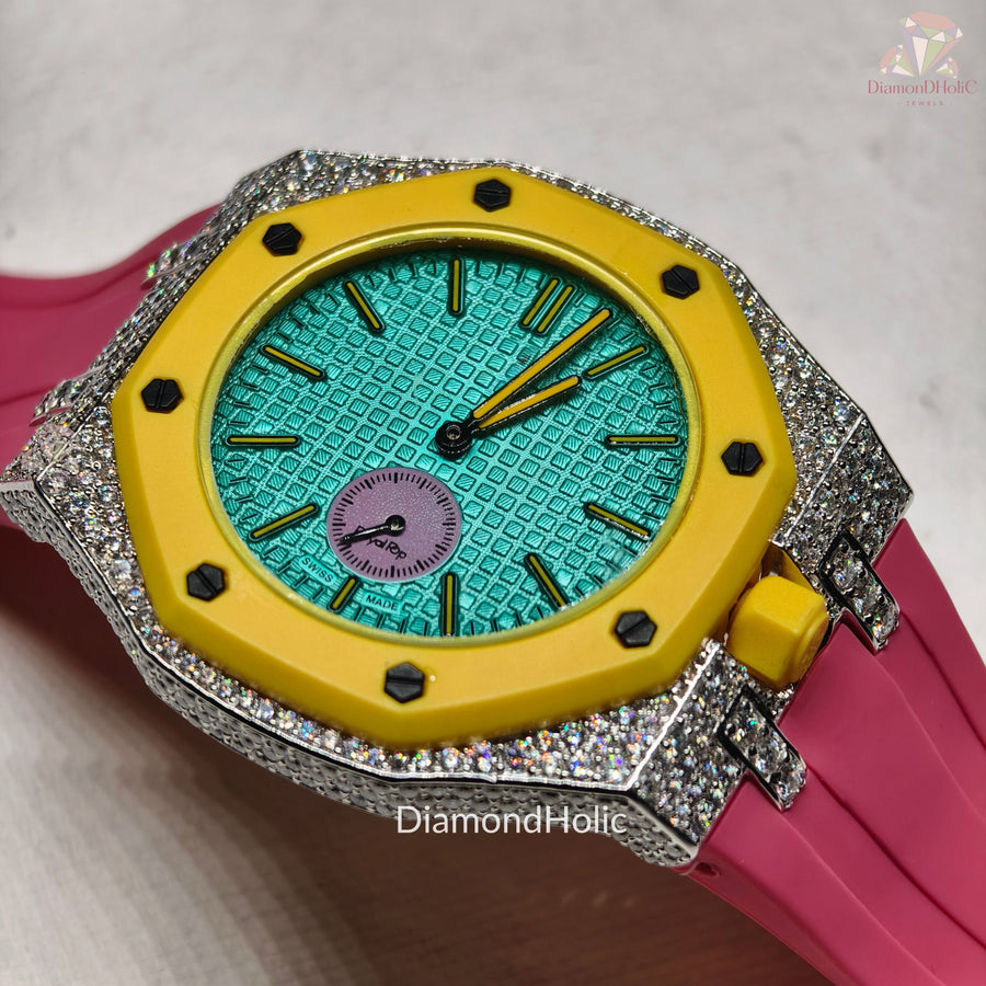 Men’s Iced Out Moissanite Watch Round Face with Two-Men’s Diamond Iced-Out Luxury Watch, Turquoise Textured Dial, Yellow Bezel, Pink Rubber Strap, Custom Hip Hop Statement WatchSteel Design