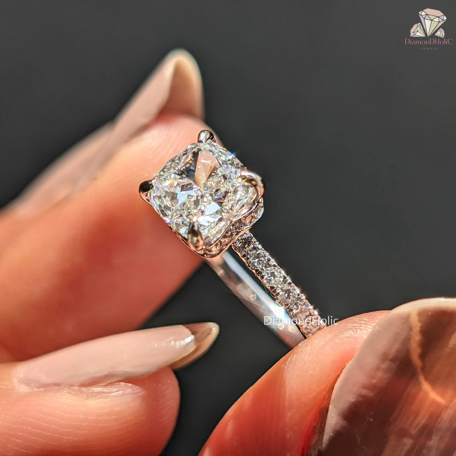 Cushion Cut Lab Grown Diamond Hidden Halo Engagement Ring
