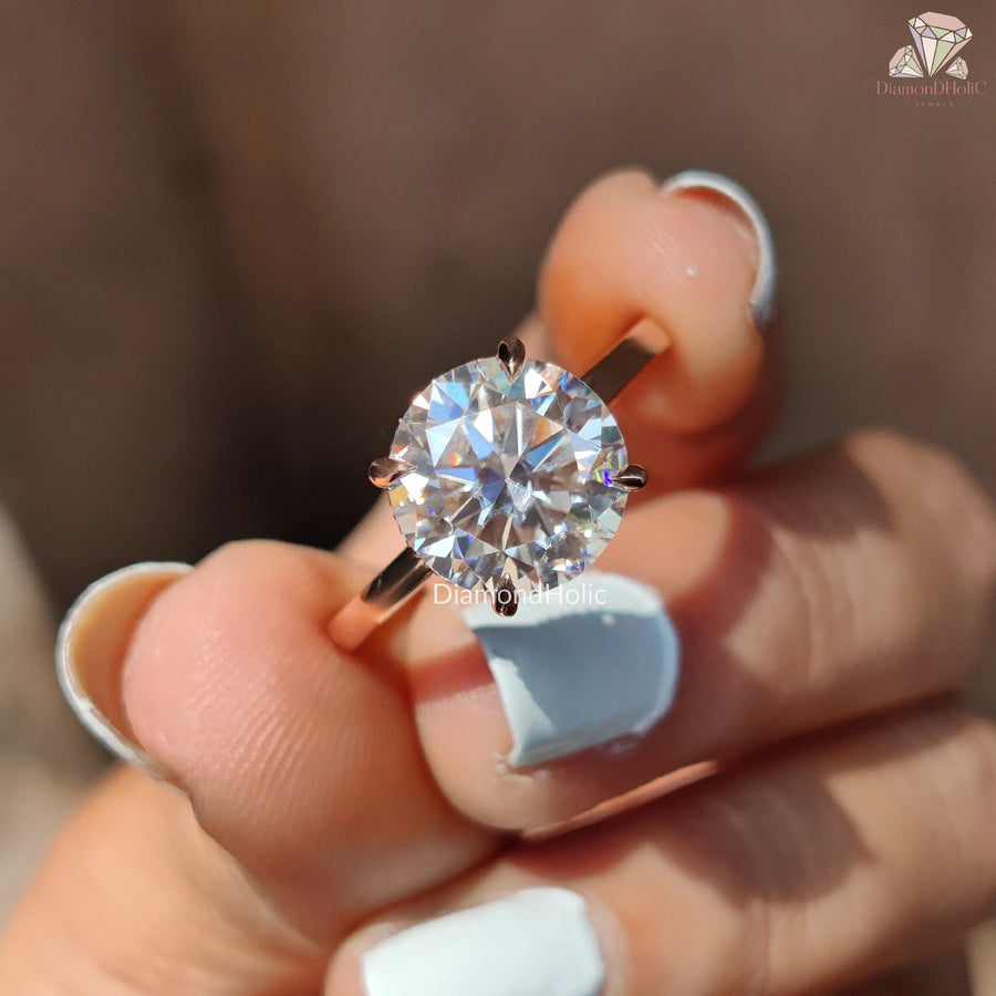 round cut moissanite ring | pavé hidden halo ring | dainty rose gold ring
