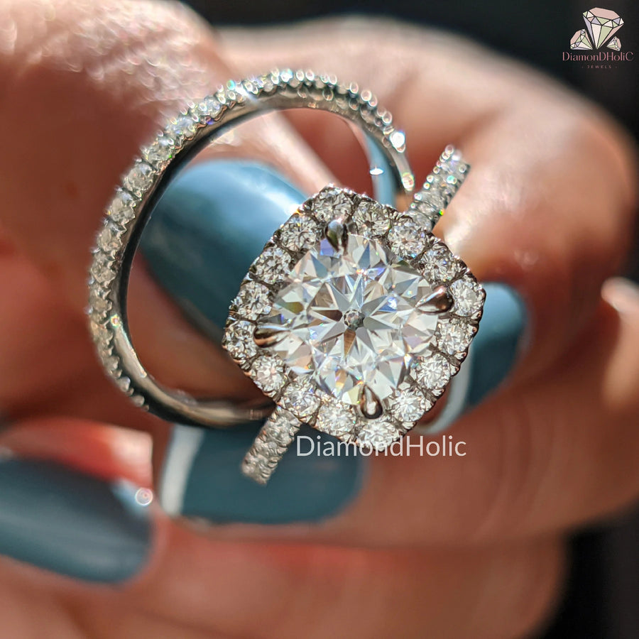 timeless halo ring | bridal set moissanite | handmade moissanite ring
