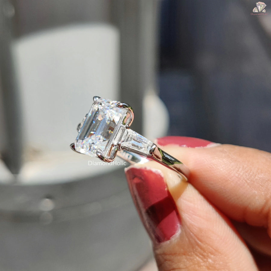 Unique Three-Stone Design Ring | Emerald Moissanite Jewelry | Gift for Bride

