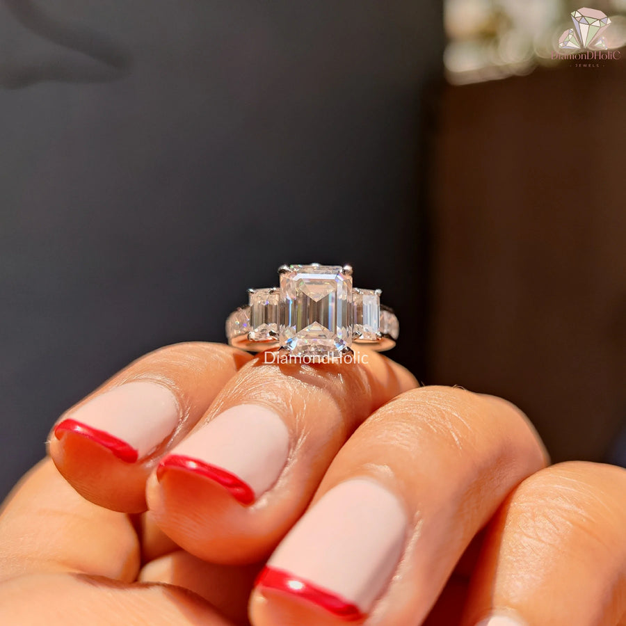 Emerald Cut Moissanite Three Stone Baguette Side Stones with Channel Set  Engagement Ring