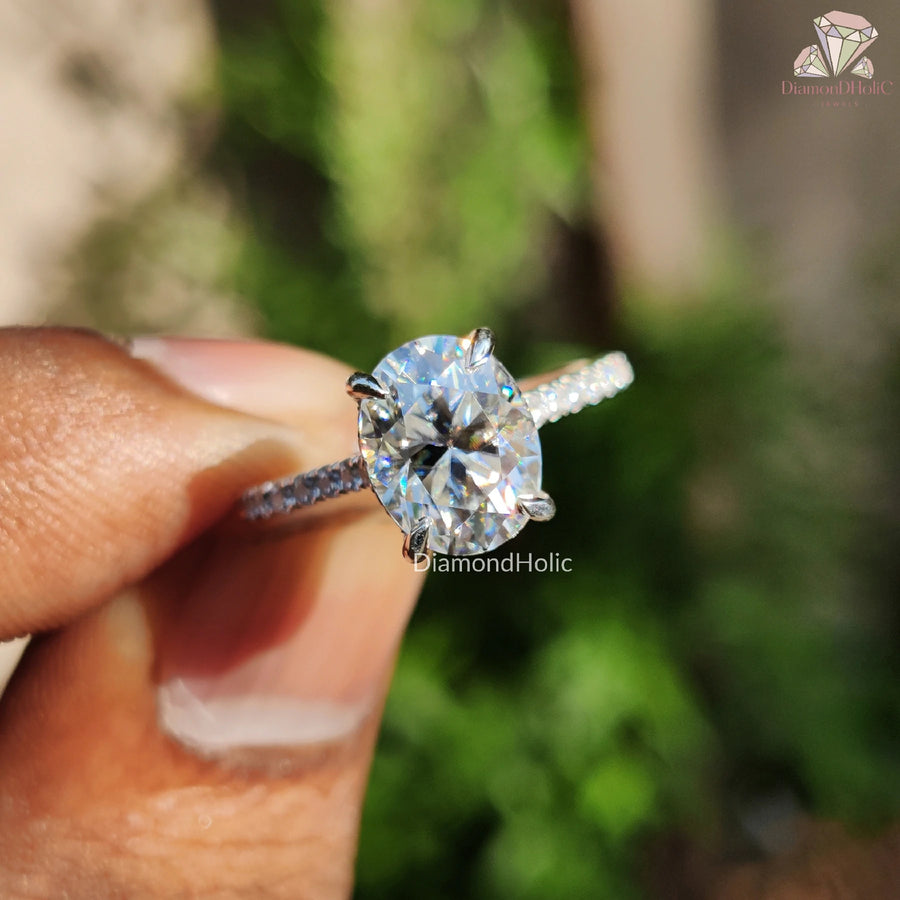 Oval Cut Engagement Ring | Solitaire Moissanite Design | Elegant Pave Setting


