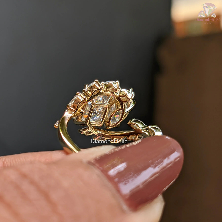 handcrafted 3 stone ring | romantic moissanite design | radiant gold setting
