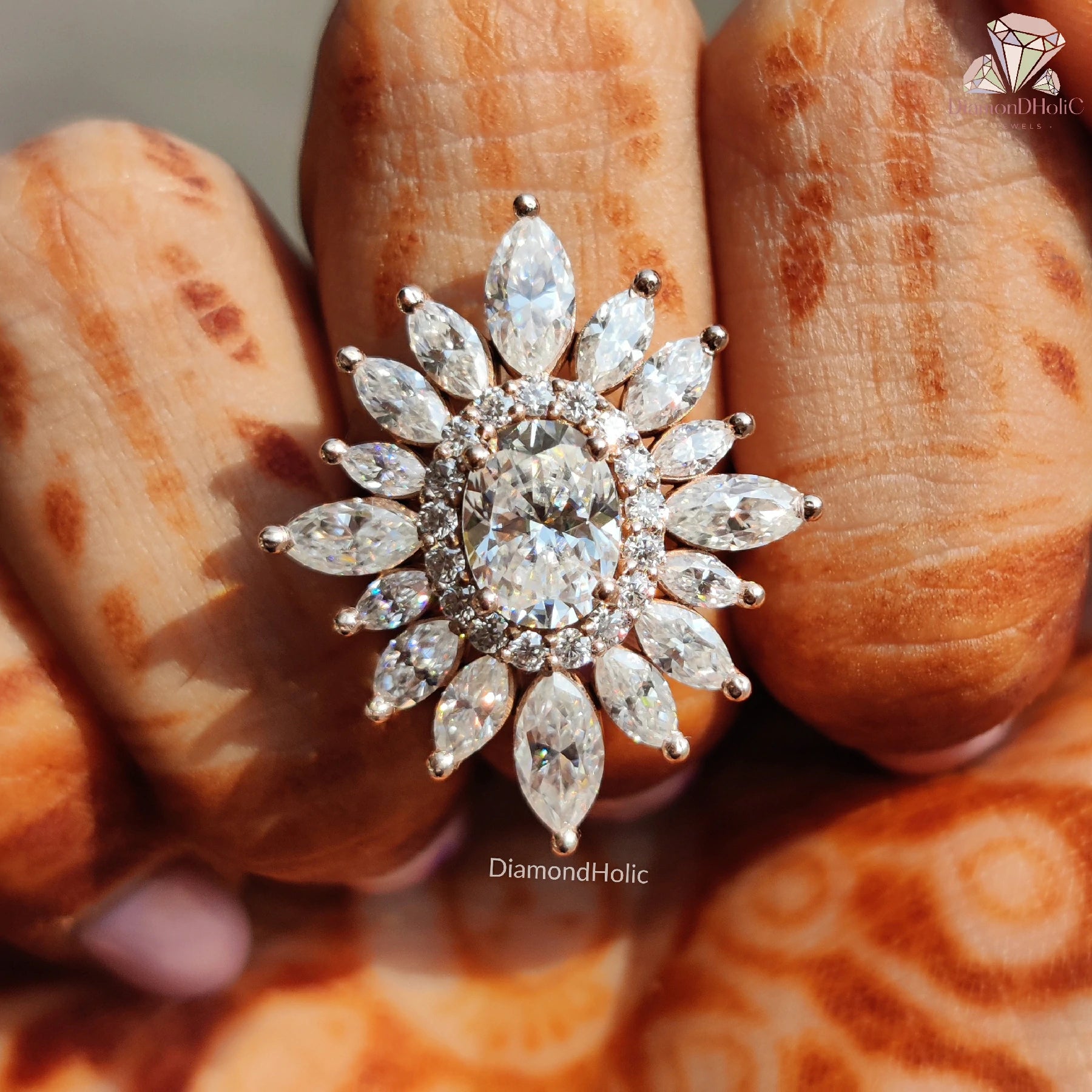 floral moissanite ring | rose gold cocktail ring | marquise halo ring
