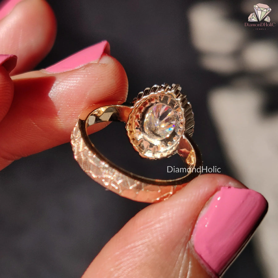 Stunning Double Halo Diamond Ring | Chic Hammered Shank Bridal Ring | Unique Vintage Inspired Jewelry 