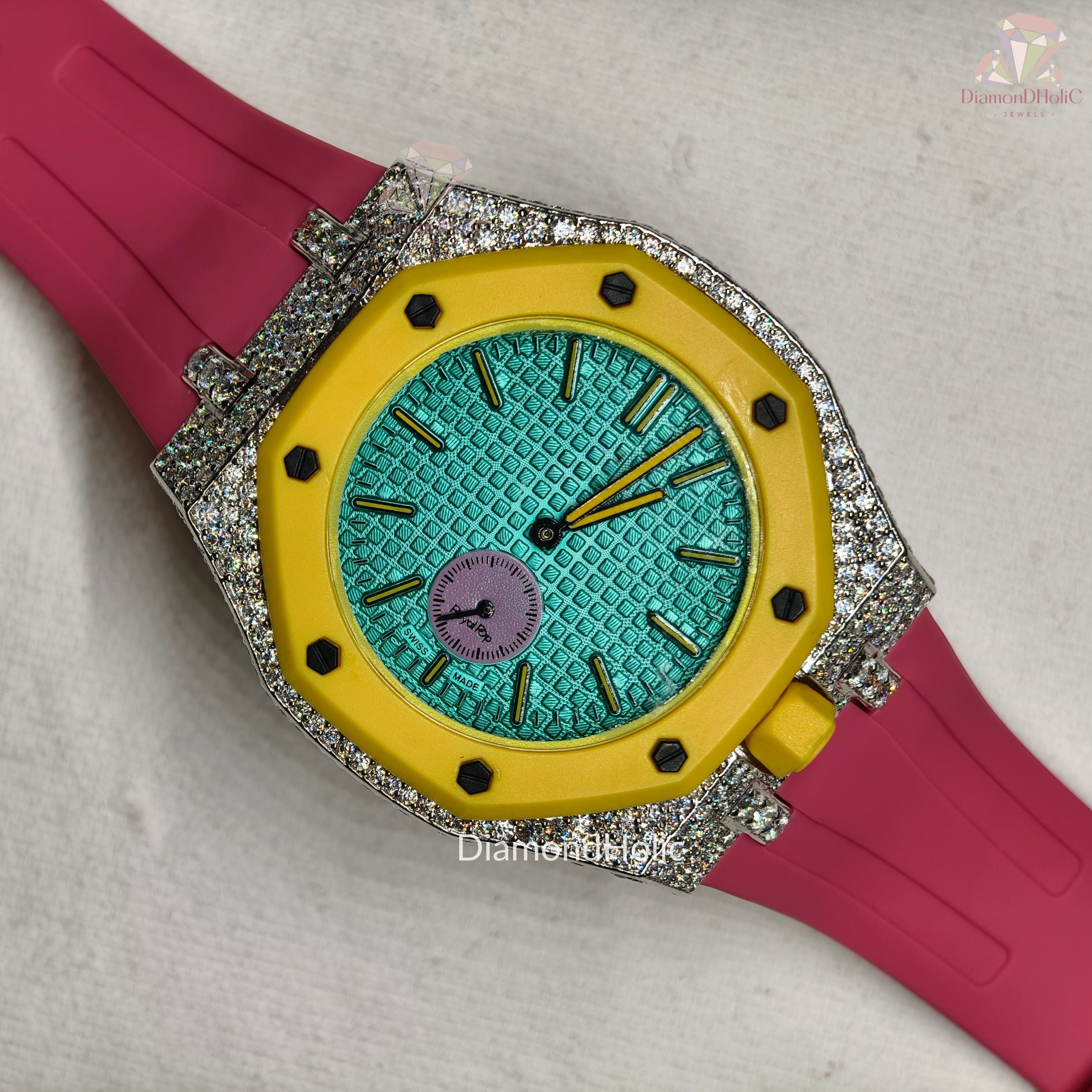 Men’s Iced Out Moissanite Watch Round Face with Two-Men’s Diamond Iced-Out Luxury Watch, Turquoise Textured Dial, Yellow Bezel, Pink Rubber Strap, Custom Hip Hop Statement WatchSteel Design
