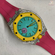 Men’s Iced Out Moissanite Watch Round Face with Two-Men’s Diamond Iced-Out Luxury Watch, Turquoise Textured Dial, Yellow Bezel, Pink Rubber Strap, Custom Hip Hop Statement WatchSteel Design