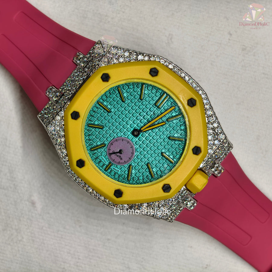 Men’s Iced Out Moissanite Watch Round Face with Two-Men’s Diamond Iced-Out Luxury Watch, Turquoise Textured Dial, Yellow Bezel, Pink Rubber Strap, Custom Hip Hop Statement WatchSteel Design