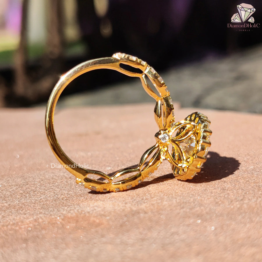 handmade moissanite ring | floral engagement ring | oval halo ring
