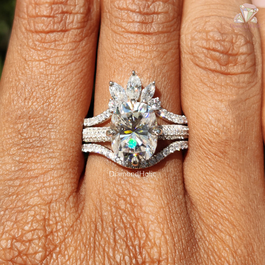Oval Moissanite Ring | Curved Wedding Bands | Three Ring Set

