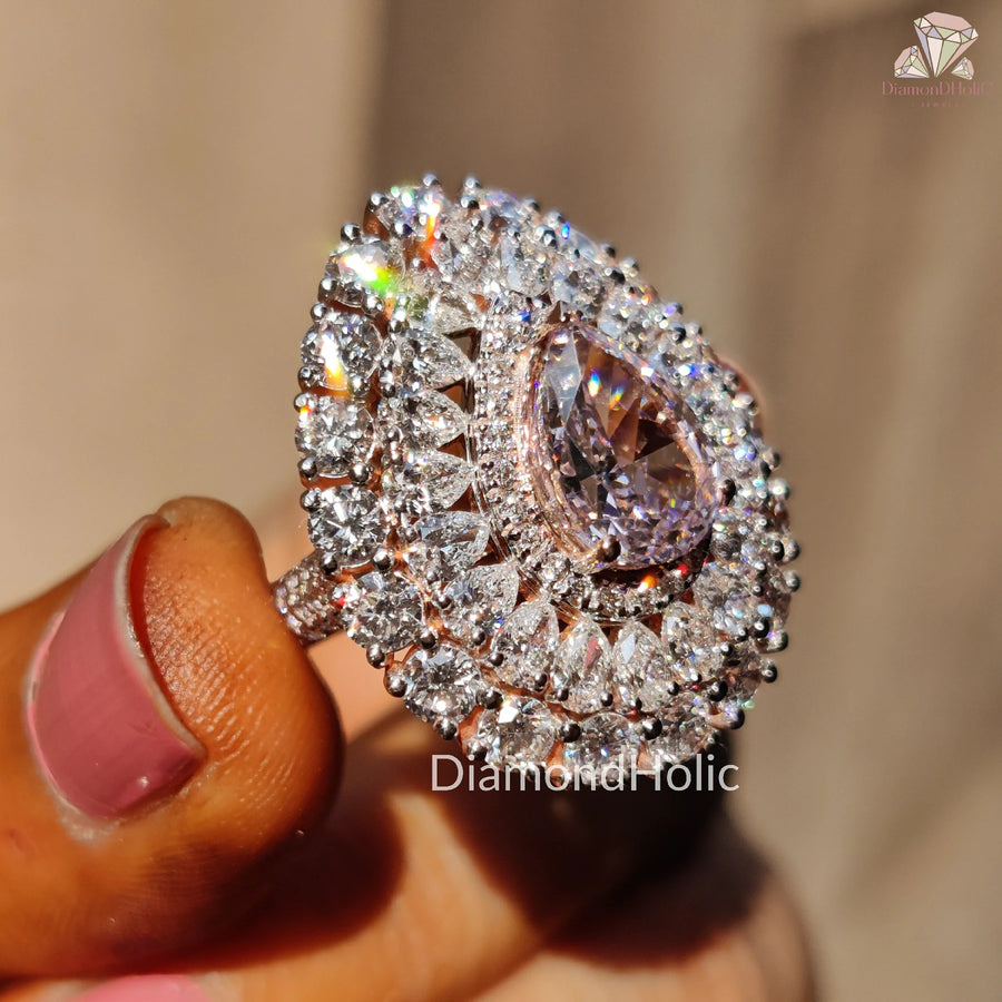 Round & Pear Halo | Pink CZ Engagement | Elegant Pave Detail

