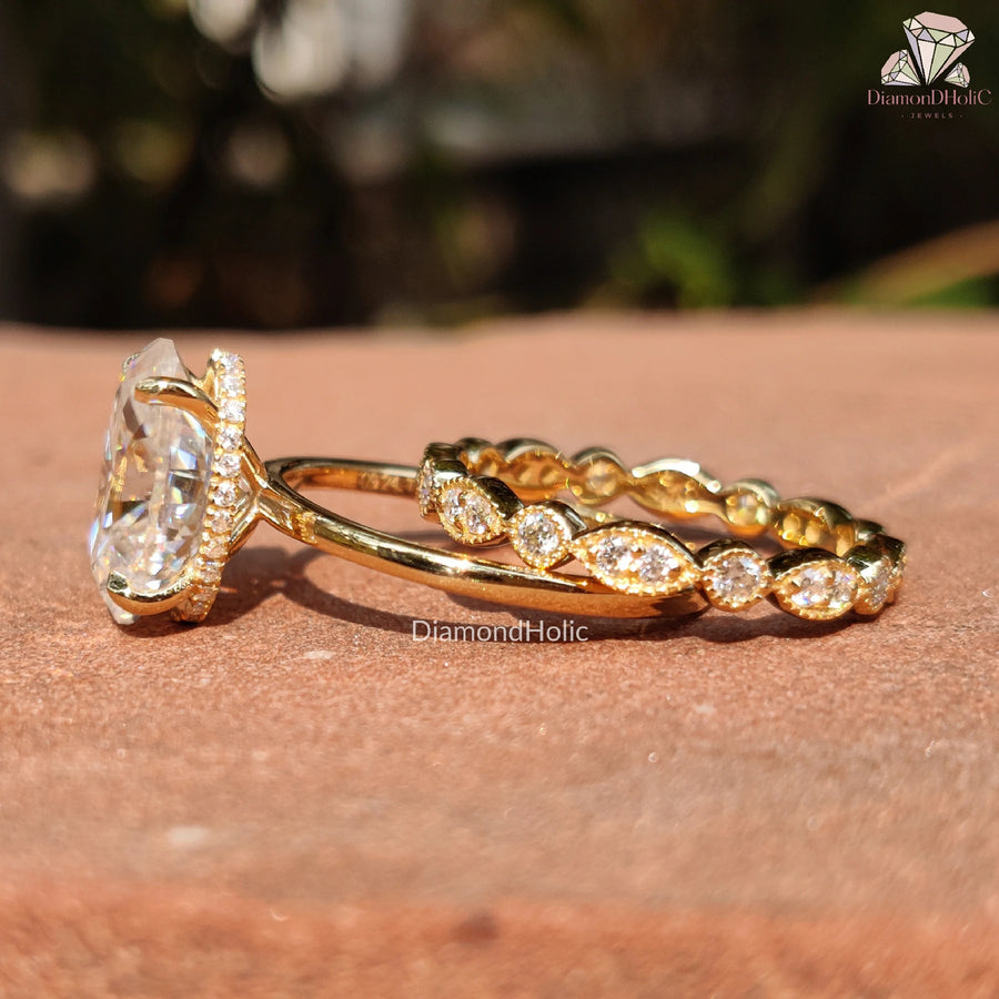 Oval Cut Moissanite | Diamond Unique Band | Bridal Set Glow

