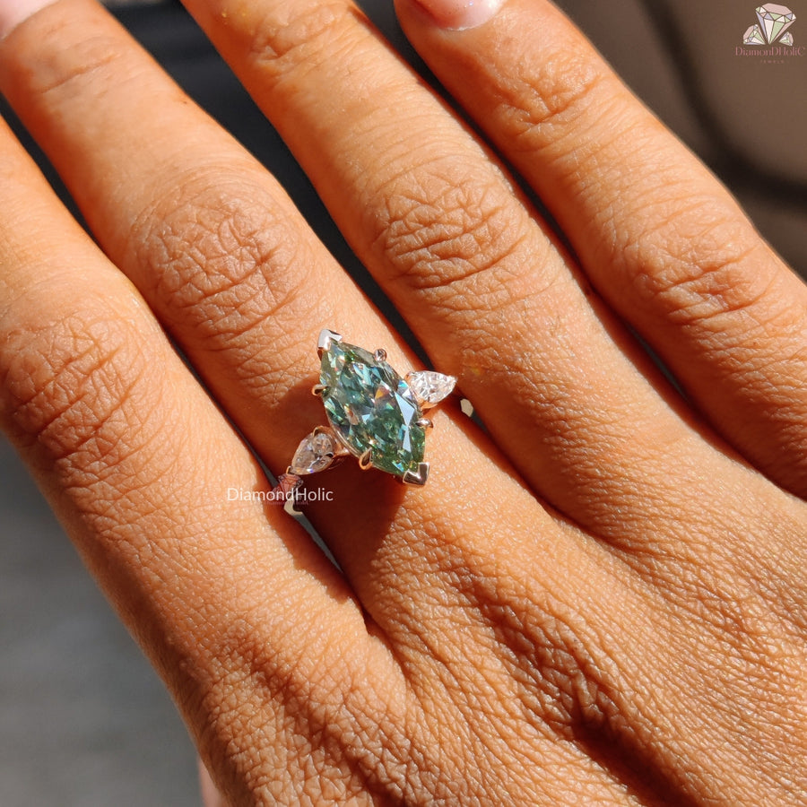 Cyan Blue Marquise Cut Moissanite Ring, Three Stone Christmas Gift For Her