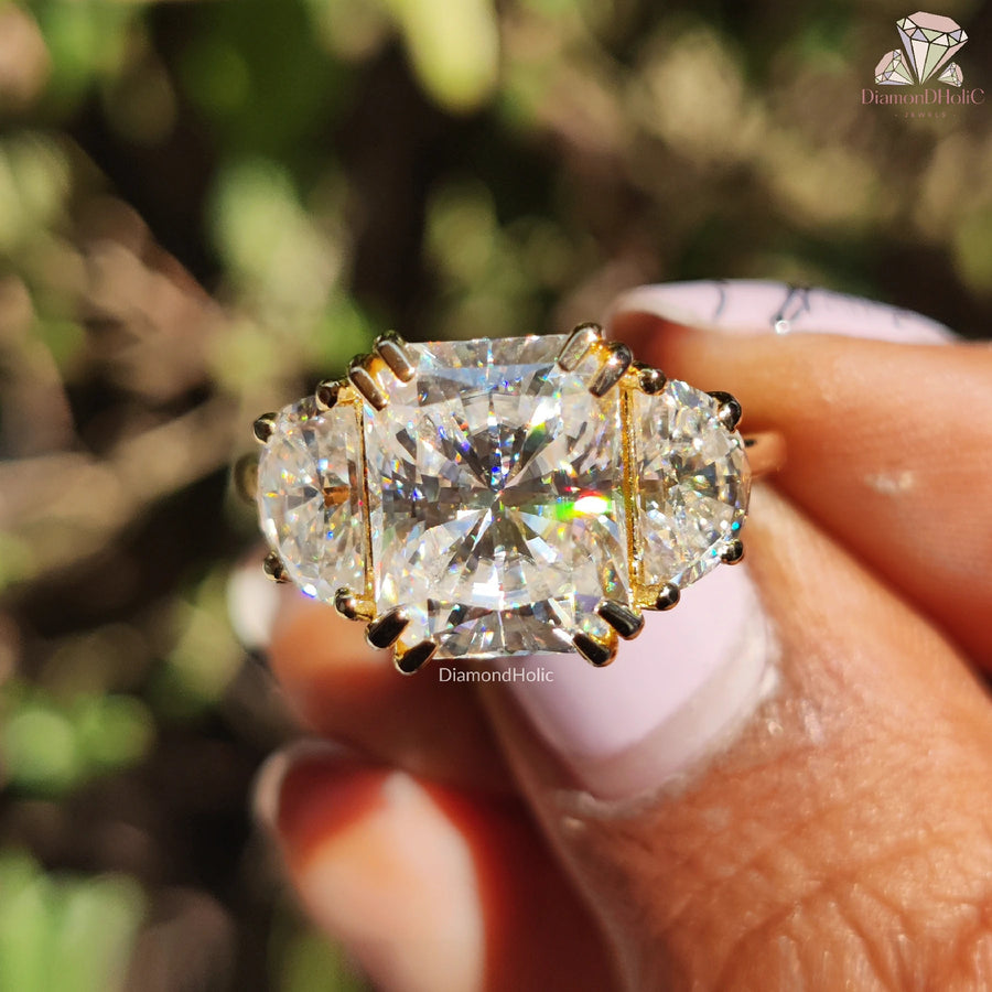 Radiant Cut with Half Moon Side Stone Moissanite Ring – Three-Stone