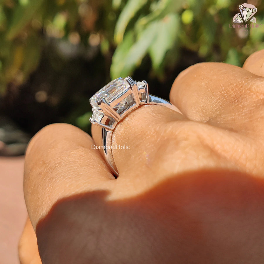 asscher engagement ring | moissanite three stone ring | emerald shape ring
