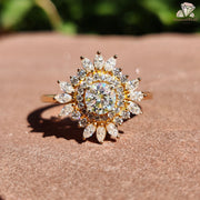 unique halo moissanite ring | marquise moissanite halo | gold flower engagement
