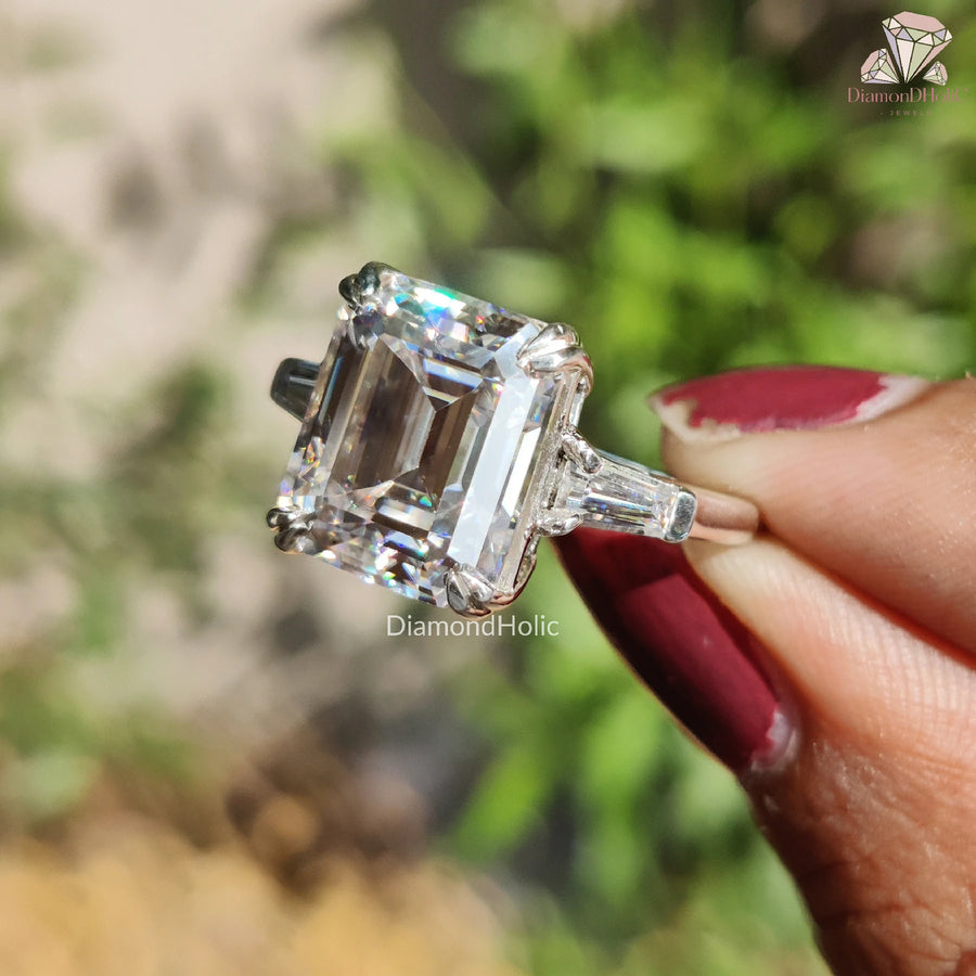 Emerald Cut Moissanite Love | Three Stone Anniversary Ring | Dainty Baguette Sparkle

