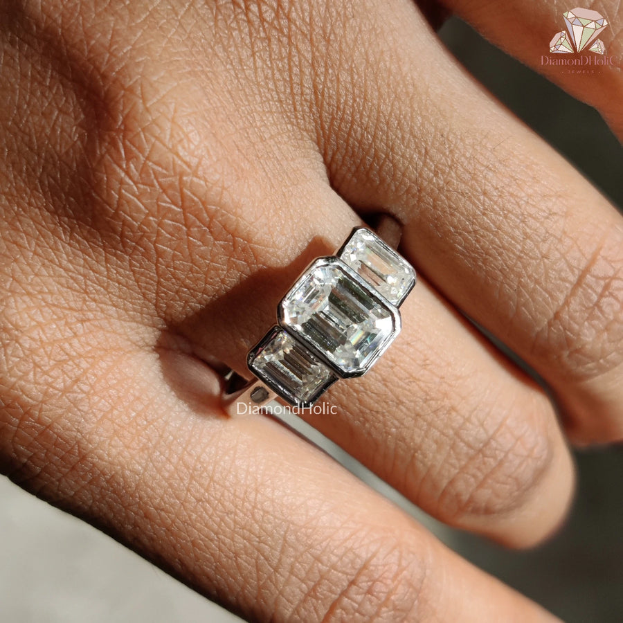 Emerald Cut Moissanite Three Stone Ring - Elegant Bezel Diamond Setting