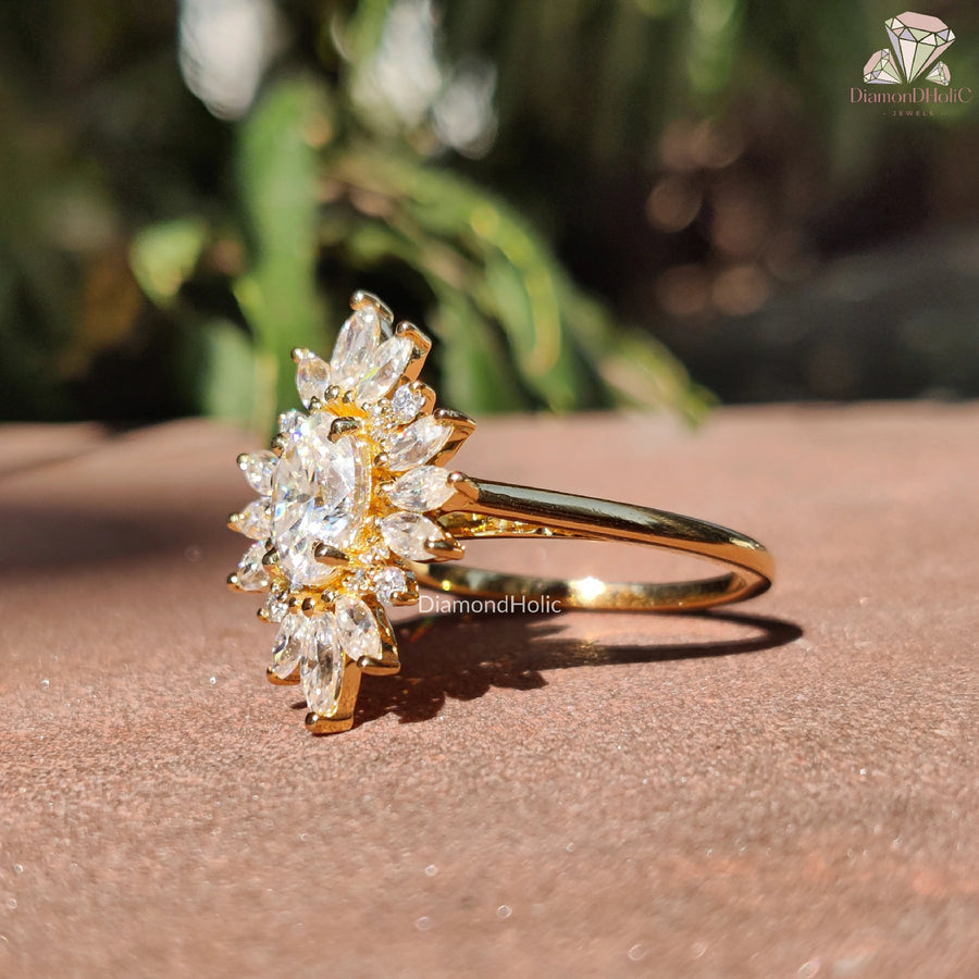 Oval Cut Starburst Halo Moissanite Solitaire Ring – Unique
