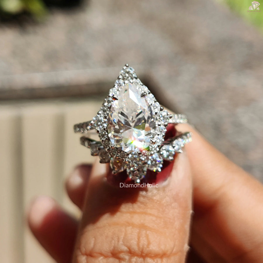 Pear Moissanite Ring | Halo Engagement Set | Love Gift for Her

