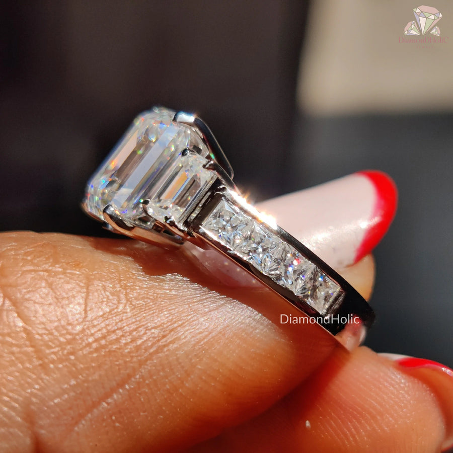 Emerald Cut Moissanite Three Stone Baguette Side Stones with Channel Set  Engagement Ring