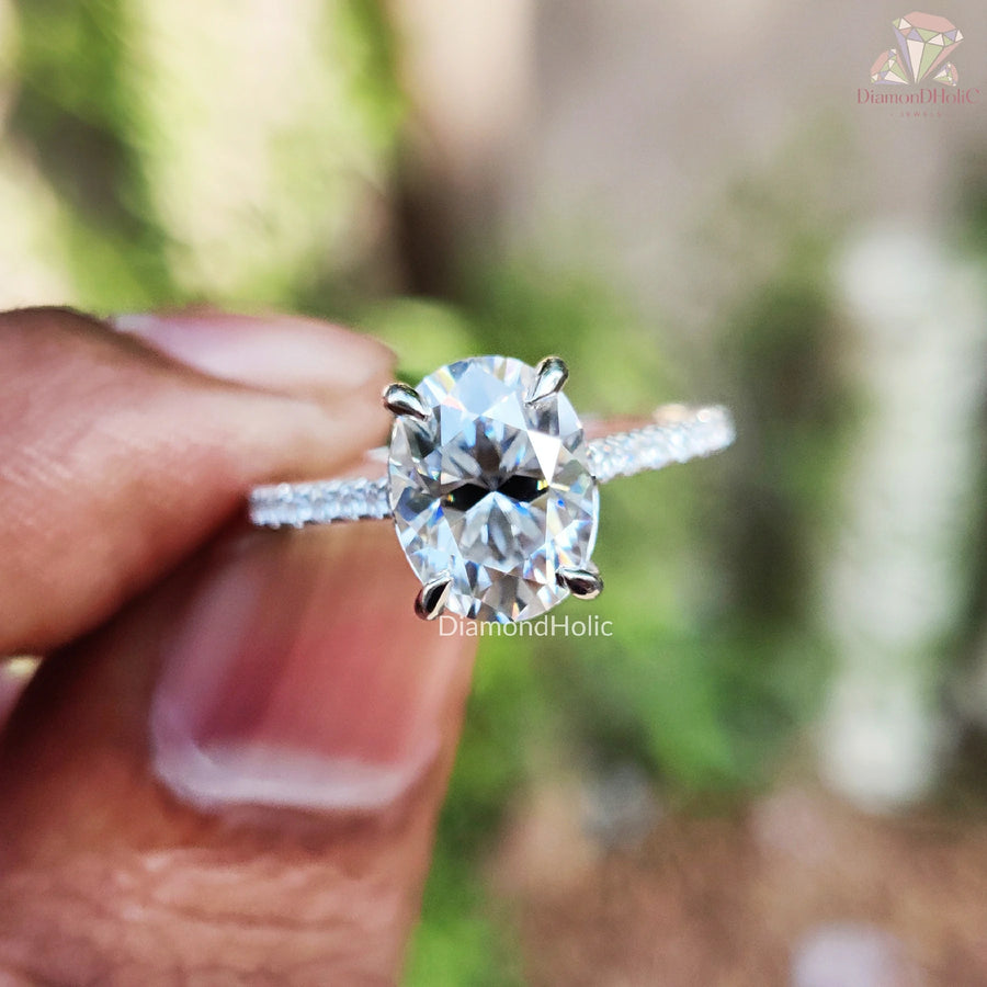Oval Cut Solitaire Ring | Dainty Moissanite Band | Pave Style Gift

