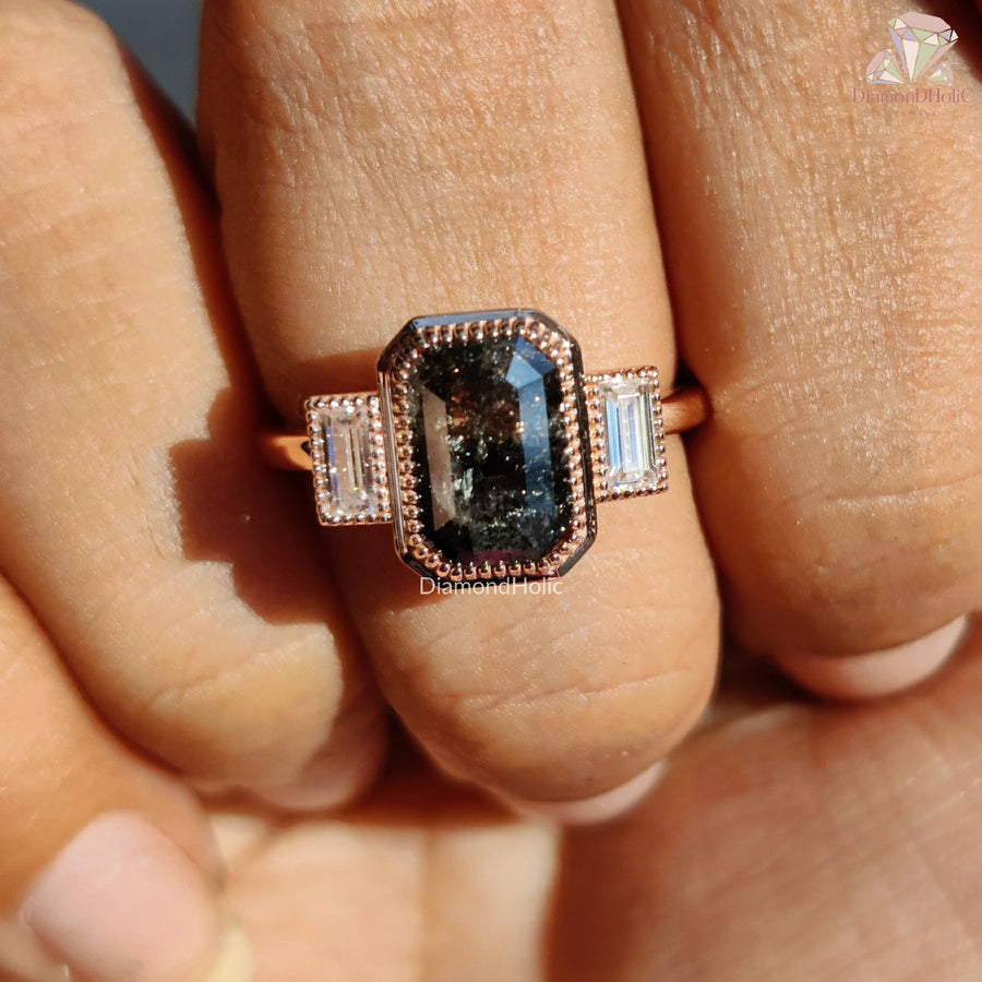 Salt and Pepper Diamond | Emerald Cut Center | Three-Stone Design

