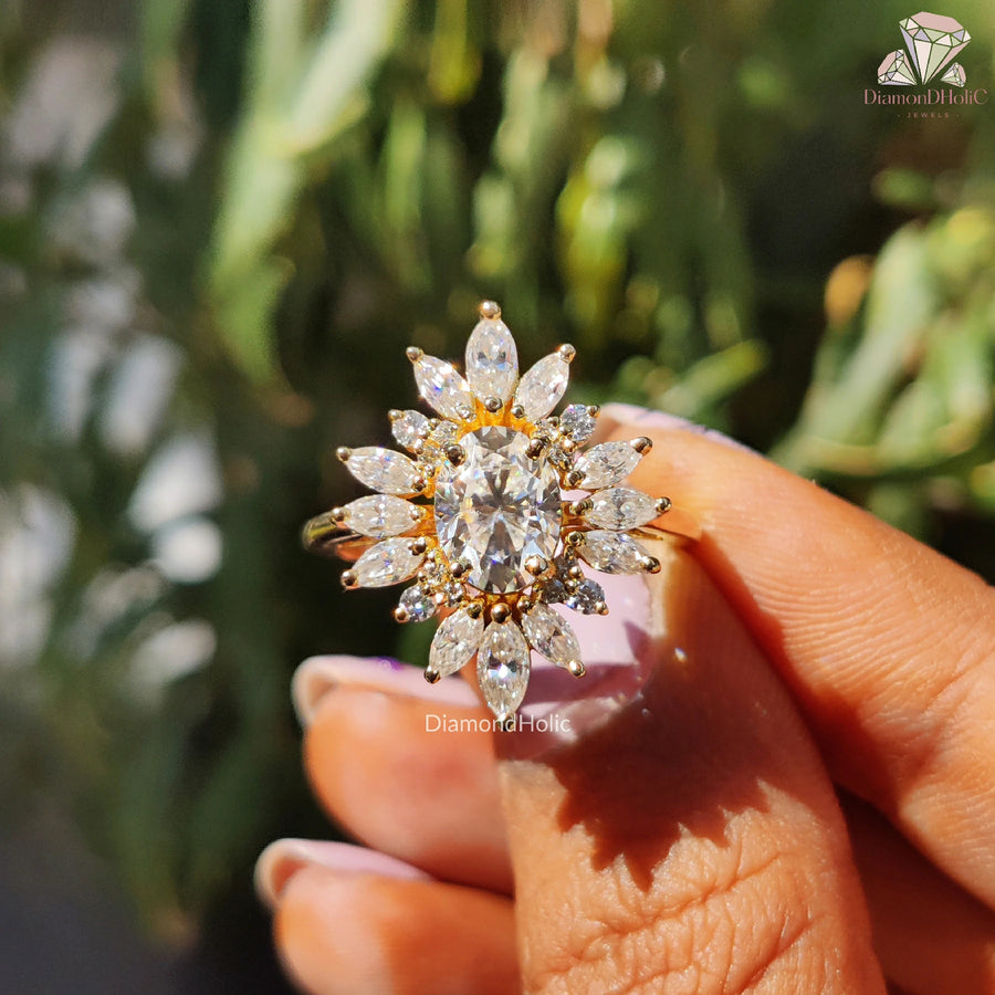 Oval Cut Starburst Halo Moissanite Solitaire Ring – Unique